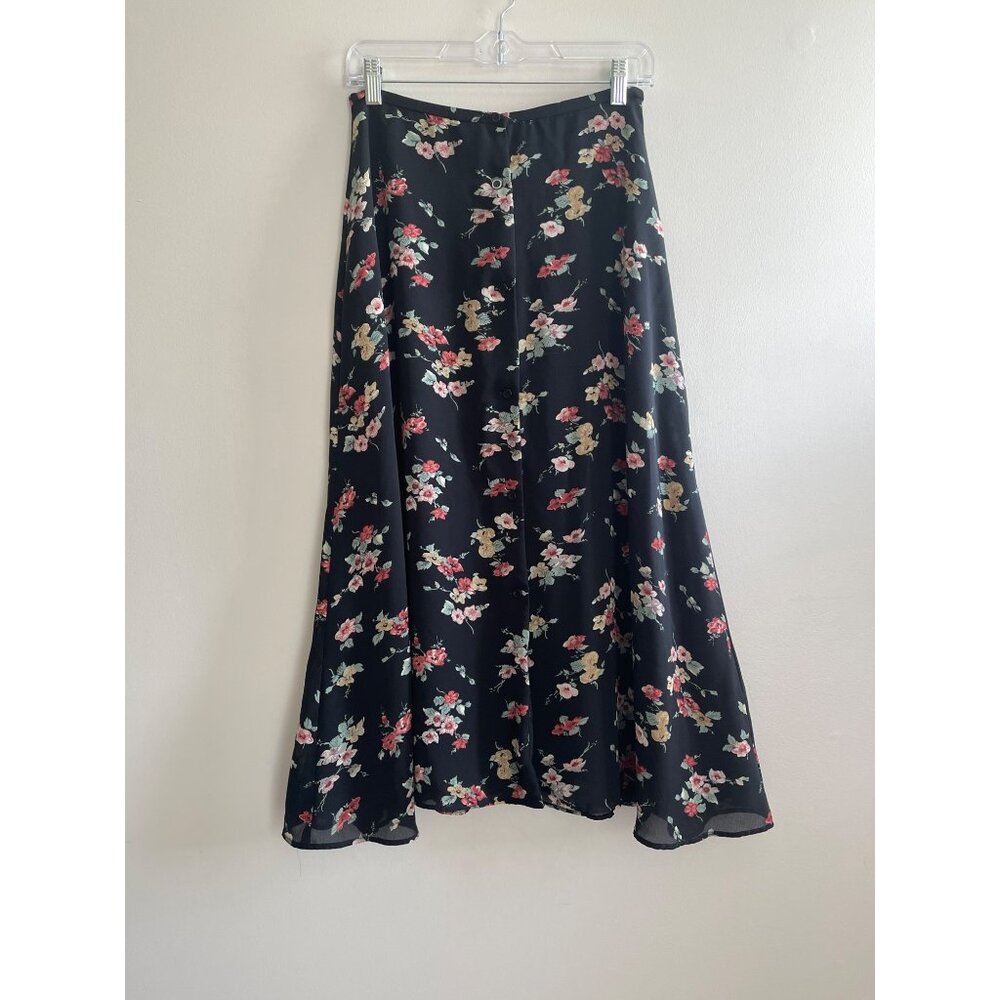 VTG Kenar etc Midi A-Line Skirt Womens 8 Black Floral Button Up Made in USA 90s